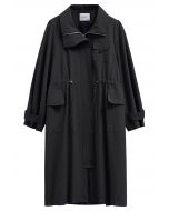 Outfitted Collared Flap Pocket Drawstring Trench Coat in Black