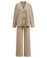 Golden Button Patch Pocket Knit Cardigan and Pants Set in Tan