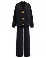 Golden Button Patch Pocket Knit Cardigan and Pants Set in Black