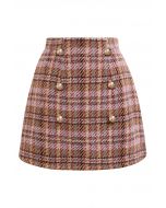 Golden Buttons Pink Plaid Wool-Blend Mini Skirt