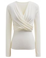 Artful Crisscross V-Neck Long Sleeve Knit Top in White