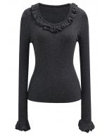 Ruffled Charm Long-Sleeve Ribbed Knit Top in Smoke