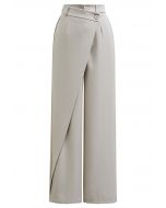 Asymmetric Flap Buttoned Straight-Leg Pants in Linen