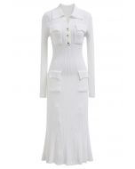 Relaxing Collared Flap Pocket Ribbed Knit Dress in White