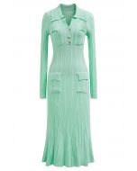 Relaxing Collared Flap Pocket Ribbed Knit Dress in Mint