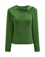 Knotted Shoulder Cutout Long-Sleeve Knit Top in Green