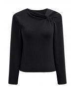 Knotted Shoulder Cutout Long-Sleeve Knit Top in Black