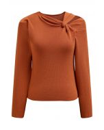 Knotted Shoulder Cutout Long-Sleeve Knit Top in Pumpkin