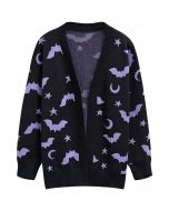 Moonlit Bats and Stars Open Front Knit Cardigan in Black