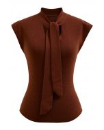 Ribbon-Tied Neckline Cap Sleeve Knit Top in Burgundy