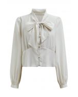 Bowknot Neck Buttoned Crop Shirt in Ivory