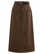 Utility Chic Belted Pocket Trim Denim Skirt in Brown