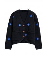 Endearing Stitch Flower Waffle Knit Cardigan in Black