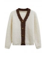 Contrast Trim Buttoned Fuzzy Knit Cardigan in Ivory