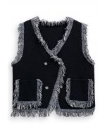 Fringe Edge Double-Breasted Knit Vest in Black