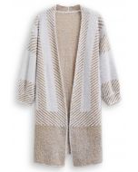 Diagonal Stripe Fuzzy Knit Longline Cardigan