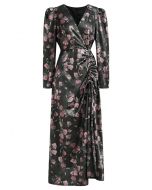 Rosy Elegance Drawstring Wrapped Velvet Maxi Dress in Smoke