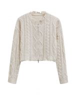 Raw Edge Cable Knit Zipper Crop Cardigan in Ivory