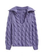 Collared V-Neck Chunky Cable-Knit Sweater in Lavender