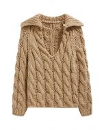 Collared V-Neck Chunky Cable-Knit Sweater in Tan