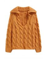 Collared V-Neck Chunky Cable-Knit Sweater in Orange