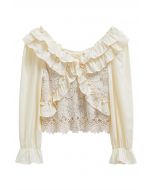 Tiered Ruffle Floral Crochet Cutwork Crop Top