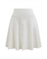 Patch Pockets Button Trim Knit Mini Skirt in White