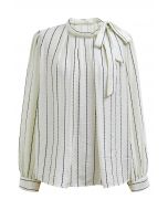 Striped Tie Neck Puff Sleeve Pleats Shirt in White