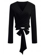 Self-Tie Back Ribbon Wrapped Front Top in Black