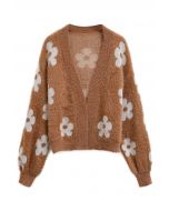 Cuteness Flowers Fuzzy Knit Cardigan in Caramel