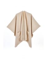 Whisper Soft Pocket Fringed Hem Poncho in Light Tan