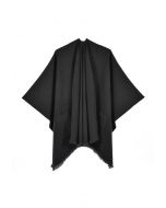 Whisper Soft Pocket Fringed Hem Poncho in Black