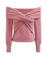 Crisscross Front Off-Shoulder Fuzzy Knit Top in Pink