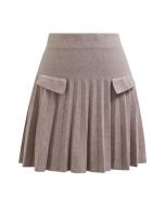 Decorative Pocket Pleated Knit Mini Skirt in Sand