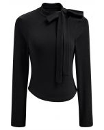 Side Bowknot Neckline Long-Sleeve Top in Black