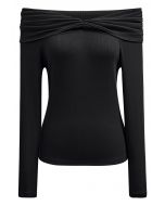 Ruched Fold Neckline Long Sleeve Off-Shoulder Top in Black