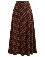 Plaid Lovely Irregular Fake Flap Maxi Skirt in Burgundy