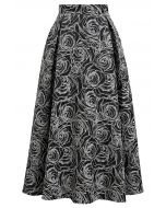 Delicate Roses Jacquard Embossed A-Line Midi Skirt in Black