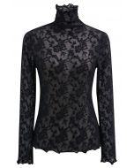 Floral Fantasy High Neck Mesh Long-Sleeve Top in Black