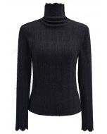 Fuzzy Ribbed Texture High Neck Top in Black