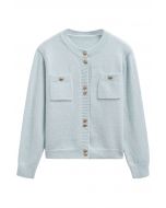 Stylish Button Shimmer Fringe Knit Cardigan in Baby Blue