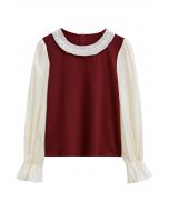 Contrast Pearl Trim Ruffle Neck Flare Cuff Top in Red