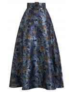 Opulent Bloom Jacquard Belted Flare Maxi Skirt