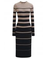 Color Block Stripe Bodycon Knit Midi Dress in Black