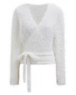 Wrap V-Neck Tie-Waist Fuzzy Knit Top in White