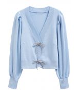 Sparkling Bowknot Buttoned Lantern Sleeve Knit Cardigan in Baby Blue