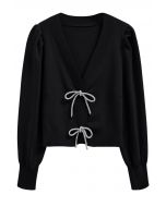 Sparkling Bowknot Buttoned Lantern Sleeve Knit Cardigan in Black