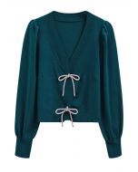 Sparkling Bowknot Buttoned Lantern Sleeve Knit Cardigan in Teal