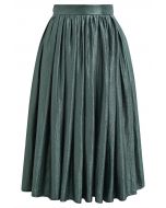 Glossy Emerald Pleated Midi Skirt