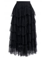 Ethereal Tiered Pearl Tulle Maxi Skirt in Black